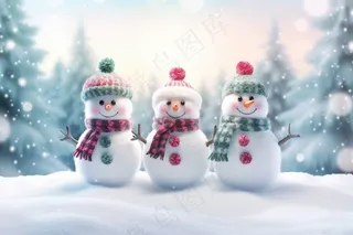 冬季白雪地里的小雪人可爱摄影图