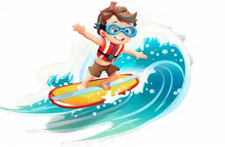 冲浪的少年男孩浪花运动卡通人物插画免抠