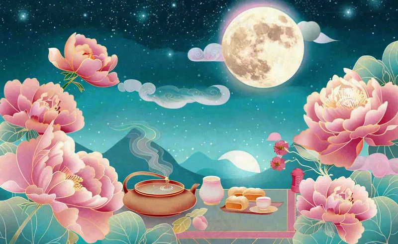 中秋晚宴赏月月饼喝茶牡丹花古风屏风祥云国潮风中国风插画背景(1408x864)