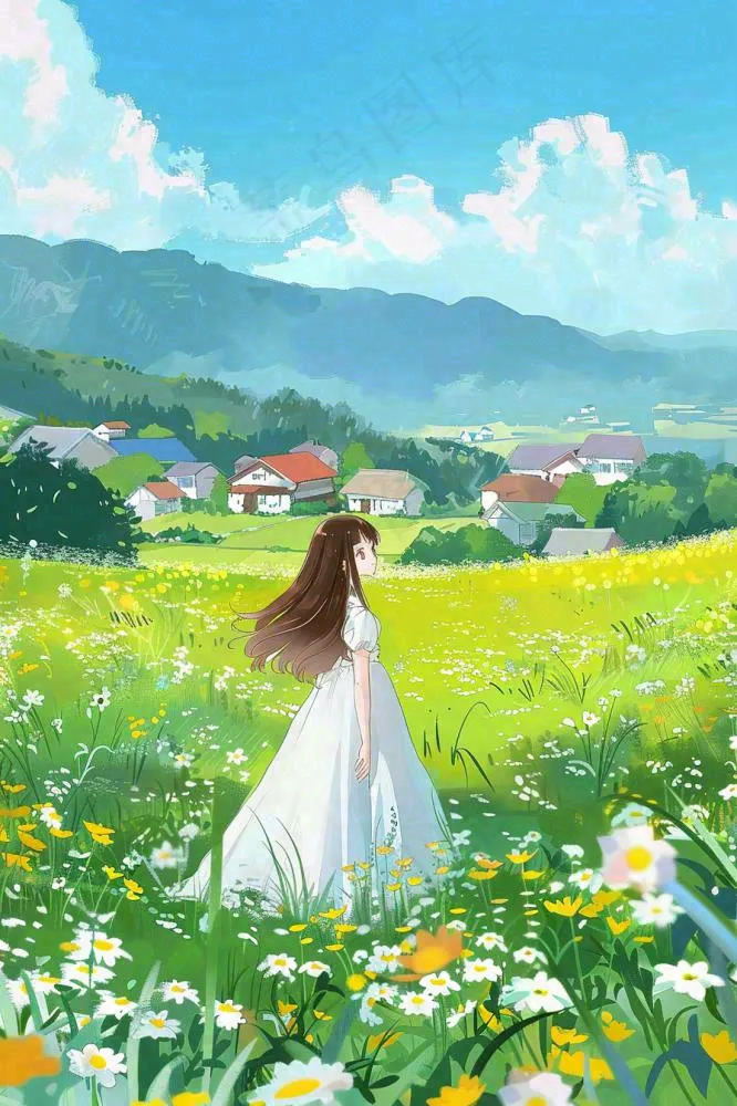 春夏花海里的少女美丽唯美小清新春分立夏夏至青春卡通插画背景(896x1344)
