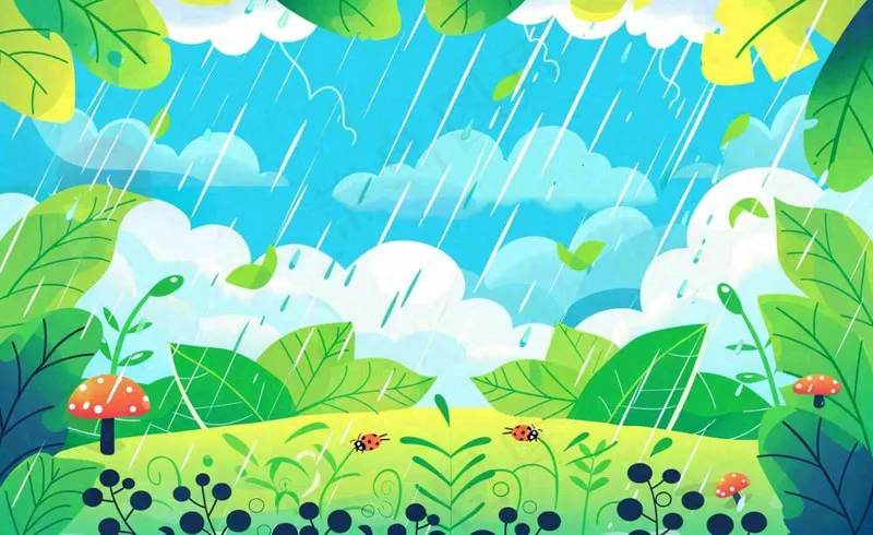 惊蛰雨水谷雨春天卡通手绘插画瓢虫昆虫绿色花草卡通插画背景(1408x864)