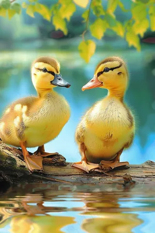 湖水里嬉戏的小鸭子春天摄影图