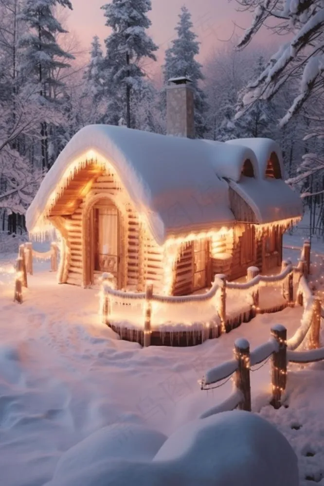 童话故事意境雪屋背景(896x1344)