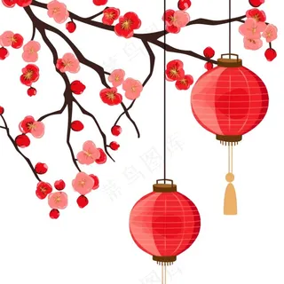 梅花红灯笼新春节日卡通插画免抠