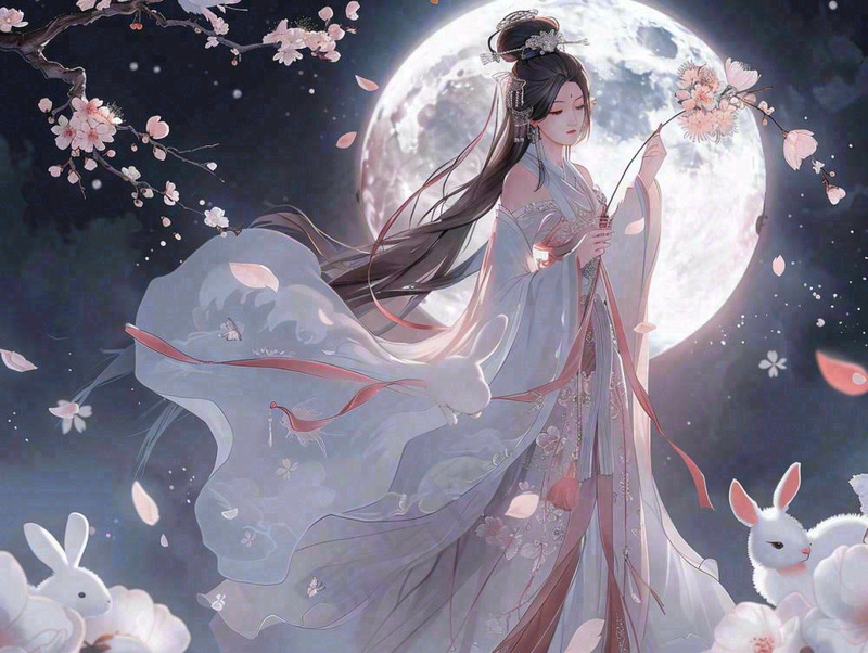 中秋节嫦娥玉兔月下嫦娥插图卡通唯美手绘古风插画背景(1232x928)