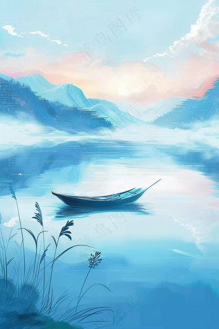 水墨山水画船帆芦苇荡青山插画背景