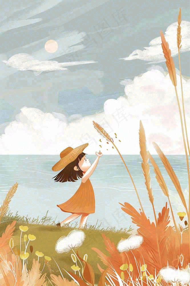 秋天湖边女孩随风舞动芦苇荡白鸽白鹭白露寒露插画背景