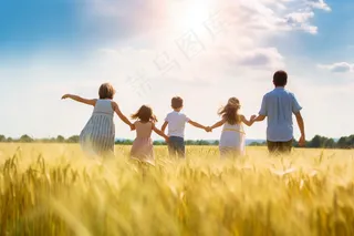 秋季麦田里手牵手往前走的一家人丰收成熟麦穗摄影图