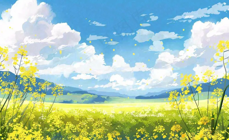 春天油菜花田蓝天白云惊蛰春分卡通插画背景(1408x864)