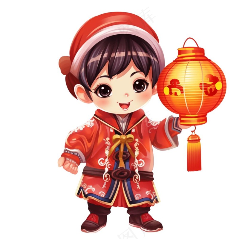 新年儿童拜年张灯结彩国潮春节红色手绘卡通插画免抠(1024x1024)