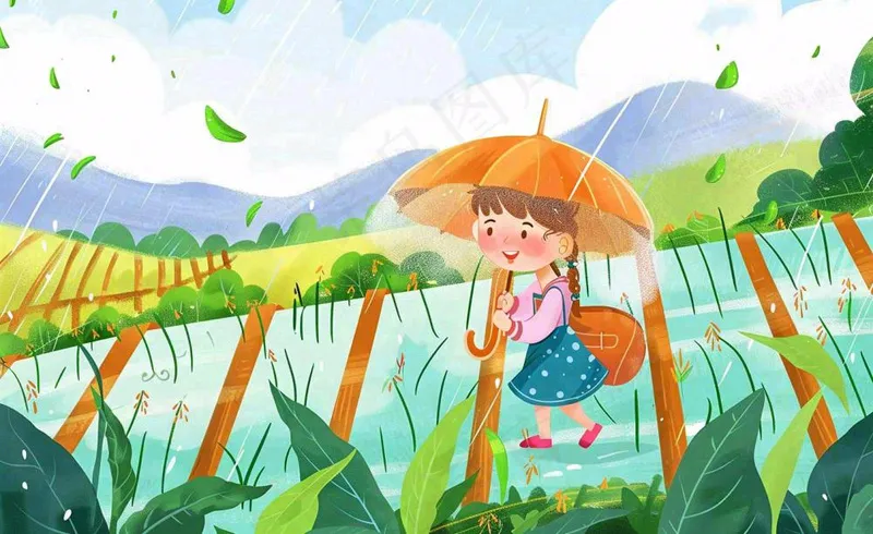 卡通女孩人物打雨伞春游踏青节气雨水谷雨春天春分绿色卡通插画背景(1408x864)