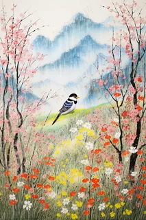 花鸟树枝花草国画水墨画素材背景