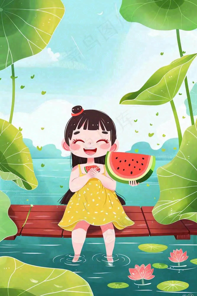夏天荷花湖木桥上吃西瓜的女孩清凉立夏夏至大暑小暑卡通插画背景(896x1344)