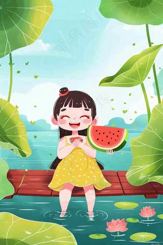 夏天荷花湖木桥上吃西瓜的女孩清凉立夏夏至大暑小暑卡通插画背景