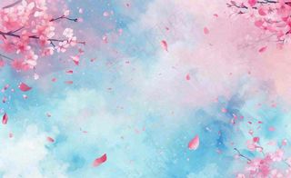 春季出游浪漫水彩樱花蓝粉色樱花林立春春分插画背景