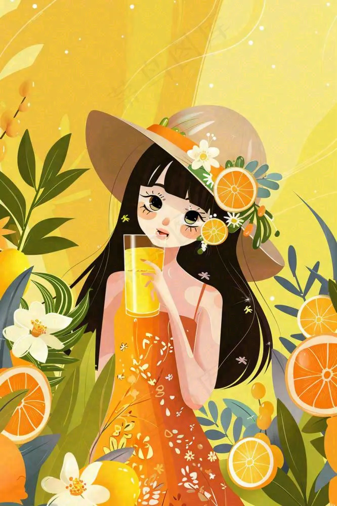 夏天喝橙汁的女孩橘黄色度假风鲜花花丛清凉解暑立夏大暑小暑夏至卡通插画背景(896x1344)
