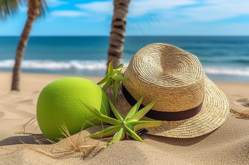 夏日沙滩草帽海边度假摄影图