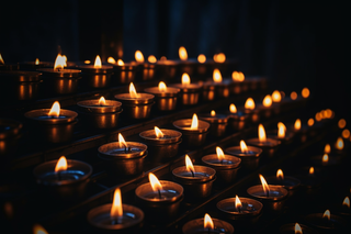 rows of lit candles in a dark room, a picture by Niko Henrichon, pexels, baroque, dark lit candles, lit candles, lit with candles 