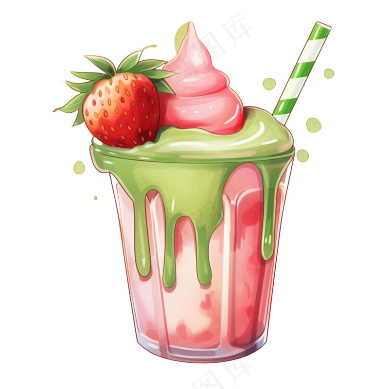 草莓抹茶奶茶冰淇淋奶茶美味夏日卡通插画免抠(1024x1024)