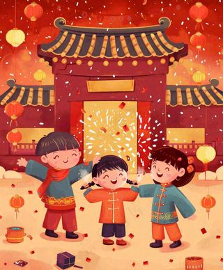 新年热闹儿童在家门口放烟花春节喜庆庆祝春节小年除夕夜元宵卡通插画背景