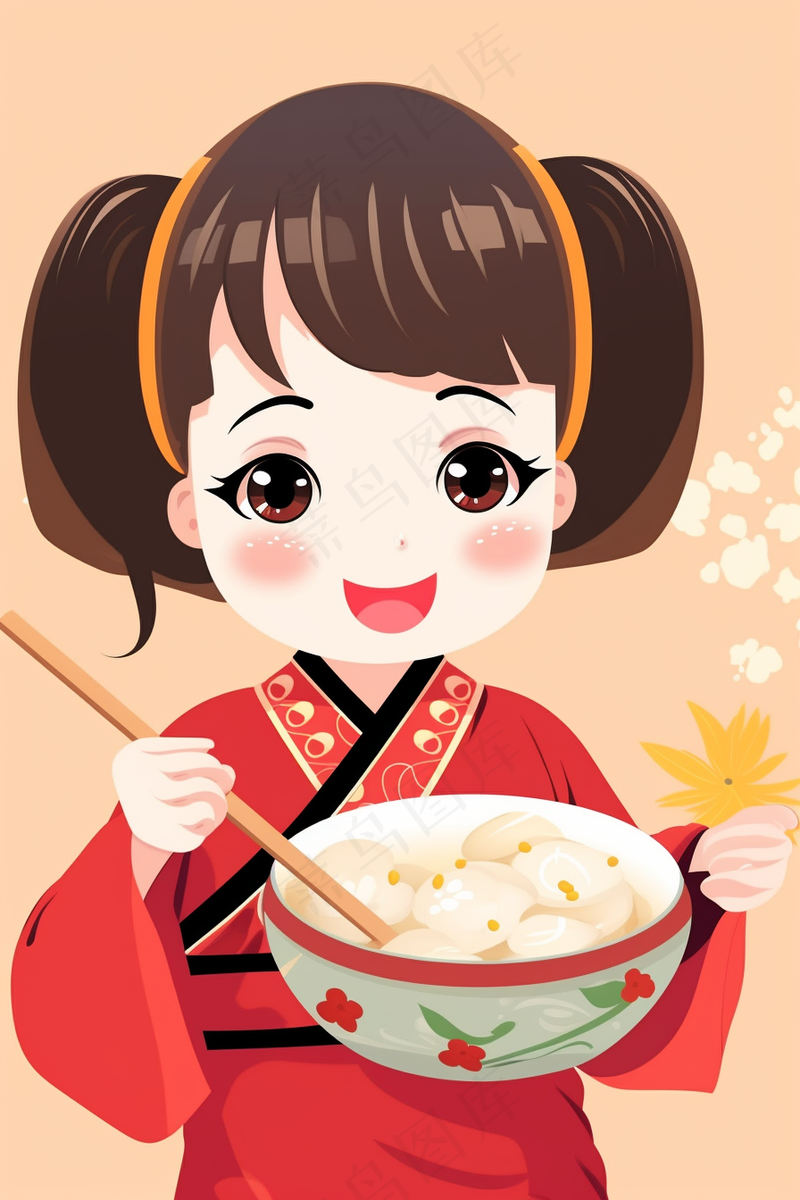 元宵吃汤圆小女孩红色卡通插画插图背景(2688x4032)