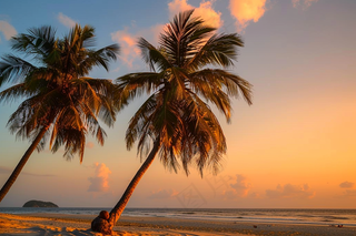 夏日海滩日落晚霞摄影图