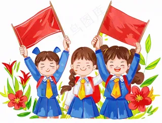 学生举着旗帜红旗青少年青年祖国花朵卡通插画免抠