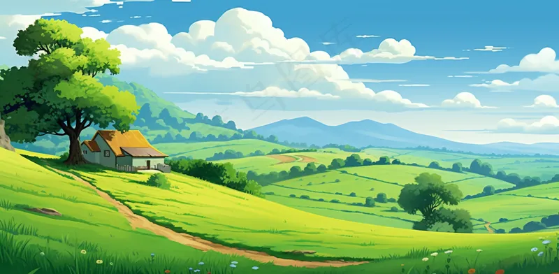 草原农庄大草原蓝天绿地卡通插画背景(4704x2304)