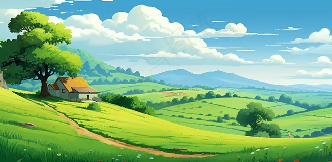 草原农庄大草原蓝天绿地卡通插画背景 草原农庄大草原蓝天绿地卡通插画背景