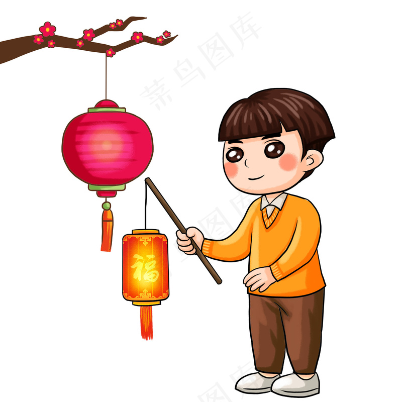 元宵节男孩手拿灯笼插画素材