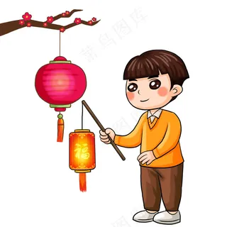 元宵节男孩手拿灯笼插画素材