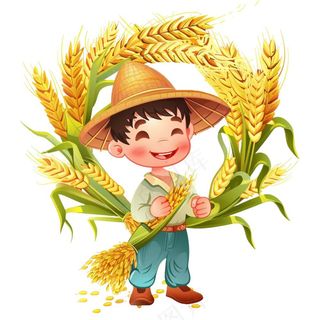农民抱着稻穗麦穗粮食劳动卡通插画免抠