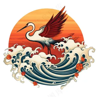 国潮仙鹤国风圆形插画免抠