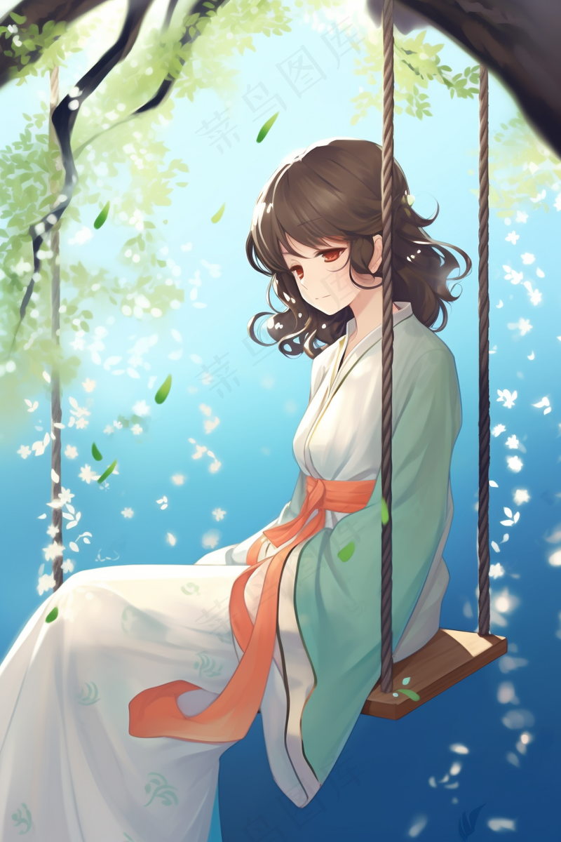 春天梨花树下秋千的少女古风汉服服饰卡通插画背景