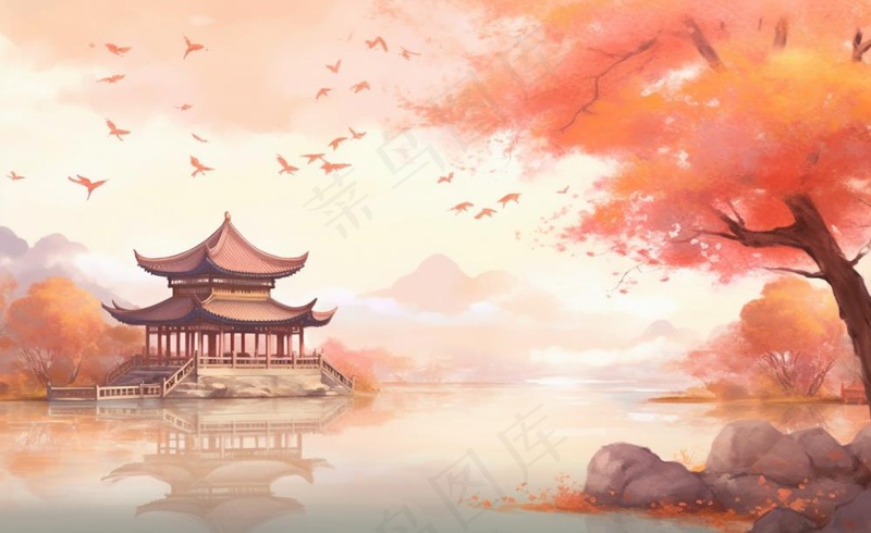 秋季枫叶晚亭山水湖面倒影美景中国风水墨画插画背景(1408x864)