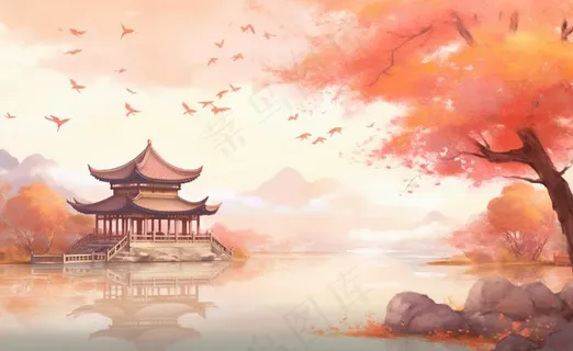 秋季枫叶晚亭山水湖面倒影美景中国风水墨画插画背景