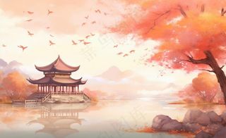 秋季枫叶晚亭山水湖面倒影美景中国风水墨画插画背景