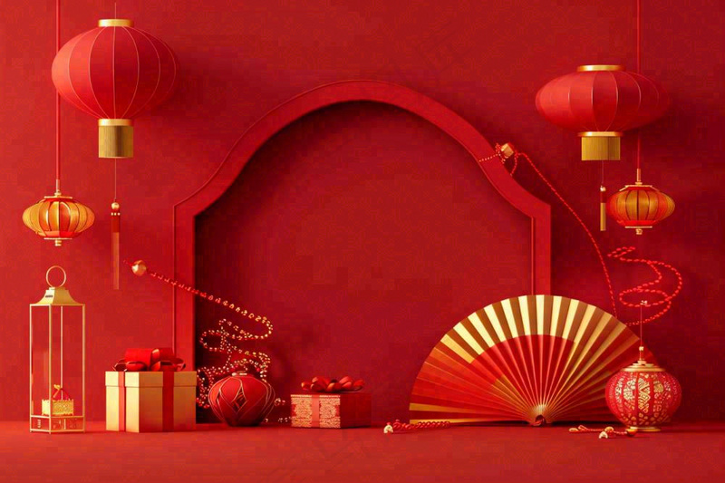 红金创意喜庆新年扇子鼓灯笼C4D展台背景新年春节小年电商背景