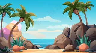 夏日海滩椰子树海浪卡通插画背景