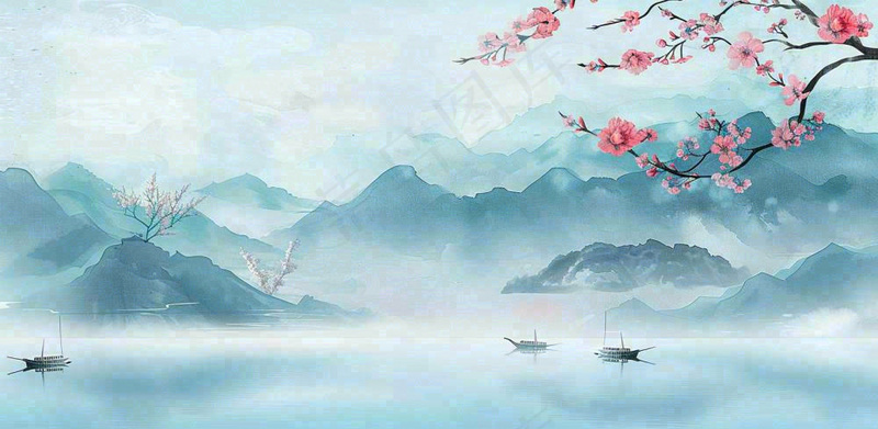 中国风水墨画山水船梅花春天春分清明插画背景(1568x768)