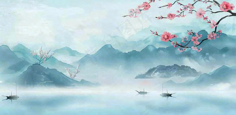 中国风水墨画山水船梅花春天春分清明插画背景(1568x768)
