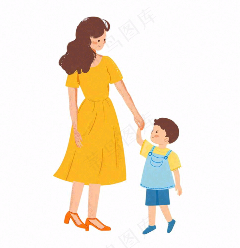 妈妈牵着小孩母子母亲节人物卡通插画免抠(1024x1056)