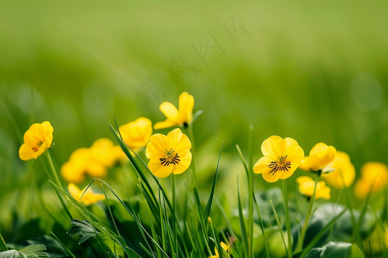 春天黄色小花朵绿色草丛摄影图