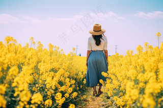 春天油菜花田女孩背景摄影图