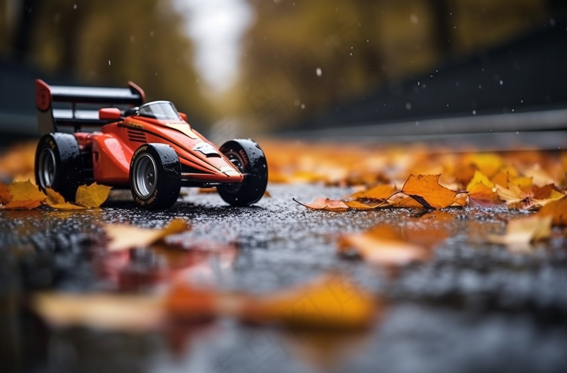 秋季道路上的落叶玩具赛车摄影图 (4080x2688)