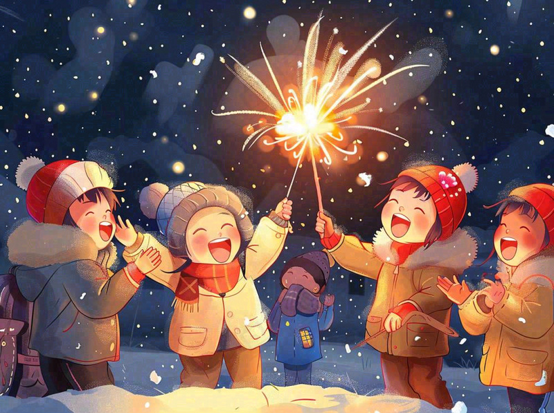 孩童儿童一起放烟花场景开心热闹庆祝新年春节小年除夕夜卡通插画