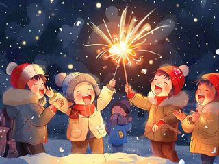 孩童儿童一起放烟花场景开心热闹庆祝新年春节小年除夕夜卡通插画