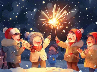 孩童儿童一起放烟花场景开心热闹庆祝新年春节小年除夕夜卡通插画