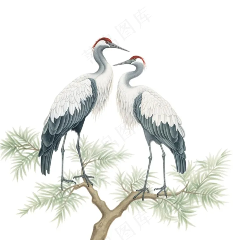 一对仙鹤站在松树上古风插画免抠(1024x1056)