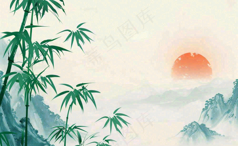 中国风古风水墨画山竹落日余晖淡雅清明端午插画背景(1408x864)